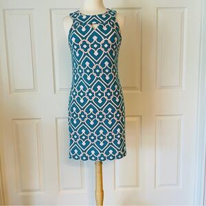 Tracy Negoshian Blue and White Halter Sheath Mini Dress